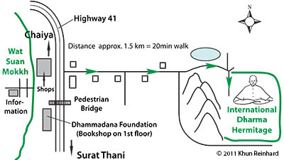 Map showing the way from the main Suan Mokkh monastery to the retreat center